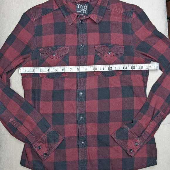Dark Red Aritzia TNA Plaid Flannel Long Sleeve Button Down - Picture 3 of 8